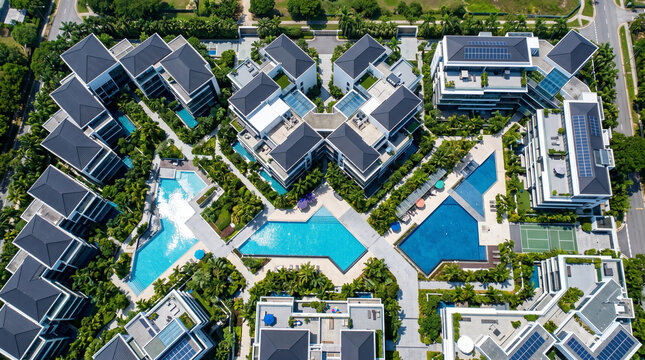aerial top down view of modern luxury residential apartment complex with swimming pools and green trees