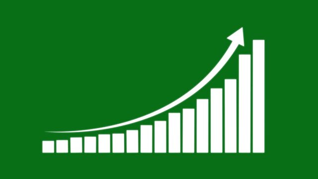 Bar chart growth icon with rising up arrow on green background. Simple clean financial progress, busine motion graphic of height and a left-pointing arrow indicating..