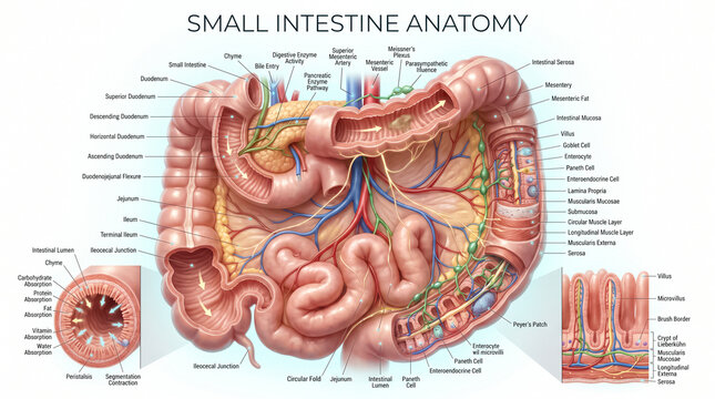 Detailed medical illustration showing the complex anatomical structure and physiological functions of the human small intestine with clear labeled parts