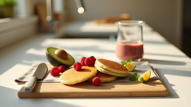 Desayuno saludable con tortitas caseras, frambuesas frescas, aguacate y batido de frutas en la cocina
