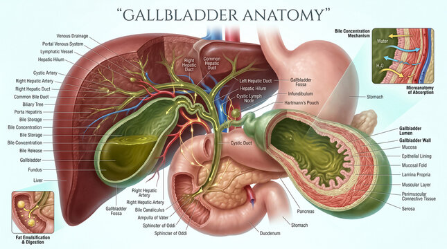 Detailed medical illustration showing the complex human gallbladder anatomy with labels and clear pathways for bile flow and internal structures