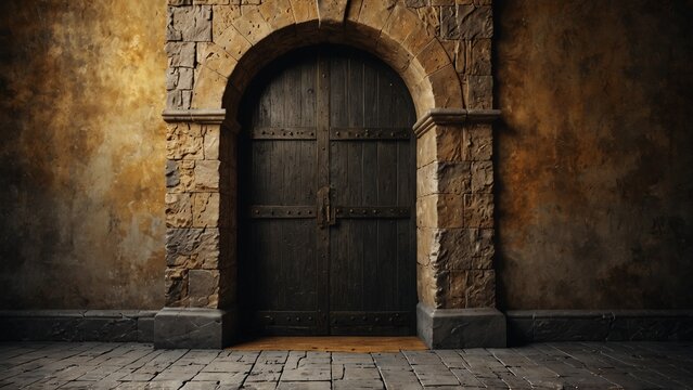 An old wooden door in stone wall, fantasy style digital art - Generative AI