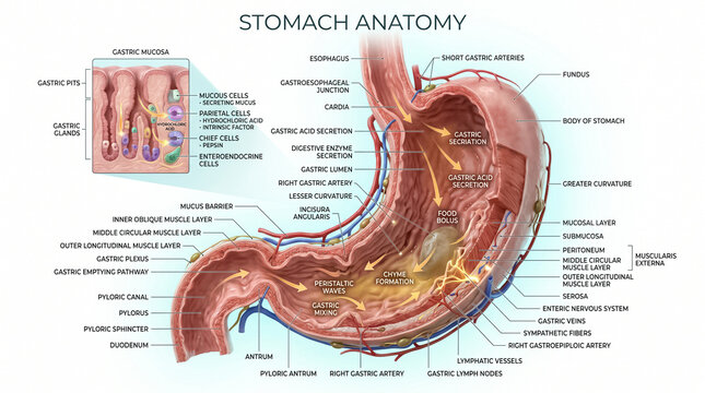 Detailed medical illustration showing the complex human stomach anatomy with labeled parts and physiological processes for educational scientific research purposes