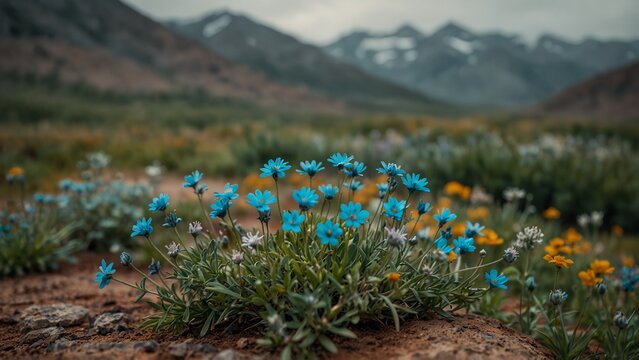 Modern design featuring field of flowers with mountains in the background - Generative AI