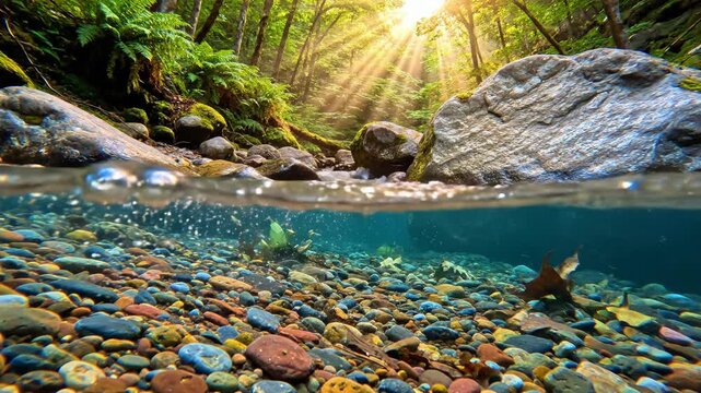 Forest Stream Split Shot with Sunbeams Shining through Trees over Clear Underwater Pebbles