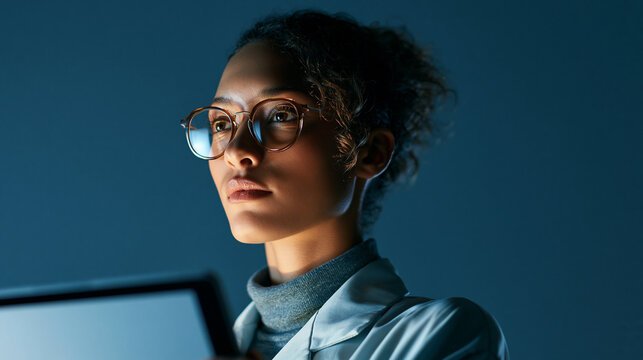 A young woman with curly hair wearing glasses and a lab coat, looking at a glowing tablet ad social media download thambnail poster web template event festival 2026 2027 2028