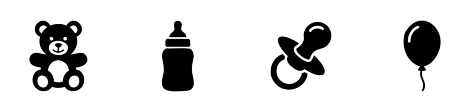 Baby Care Newborn Icon Set. Teddy bear plush toy, feeding bottle, pacifier dummy, balloon, vector graphic elements