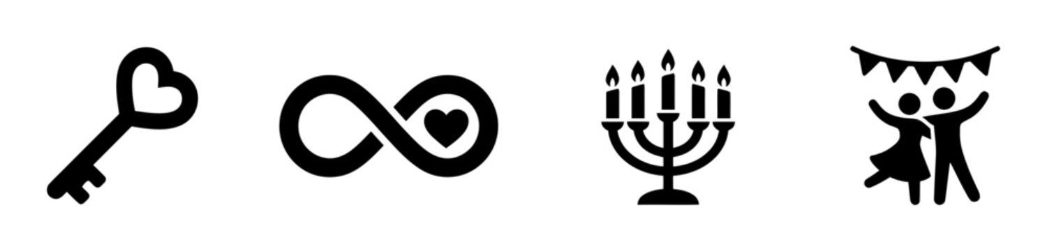 Love Romance Wedding Icon Set. Heart key, infinity heart symbol, candelabra candle holder, dancing couple party celebration, vector graphic elements