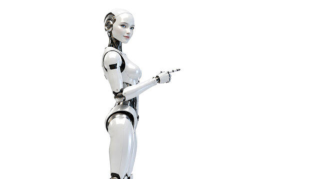 White female cyborg pointing his finger 3D rendering, isolated on white background.