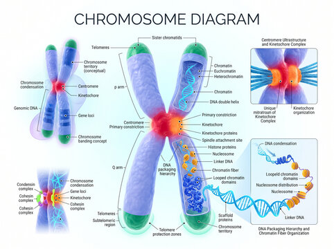 Chromosome diagram displaying detailed anatomical structures including centromeres kinetochores chromatids and complex dna packaging patterns for advanced molecular biology educational purposes