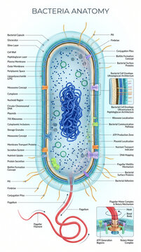 Detailed anatomical diagram showing complex bacterial cell structure with labeled organelles including flagellum nucleoid cytoplasm and various membrane transport protein systems