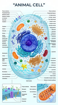 Detailed anatomical diagram of an animal cell showing various organelles including nucleus mitochondria and golgi apparatus with labels and text