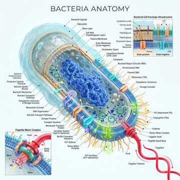 Detailed bacterial anatomy illustration showcasing complex cell structures like flagellum pili and nucleoid region with vibrant colors and scientific labels