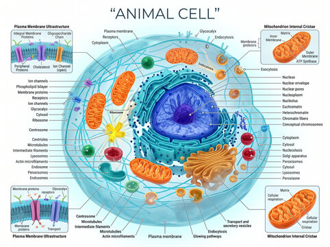 Detailed biological diagram displaying anatomy of animal cell with complex organelles including nucleus mitochondria ribosomes and plasma membrane structure elements displayed