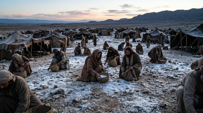The Israelites gathering Manna, the miraculous bread from heaven, off the desert floor at the break of dawn