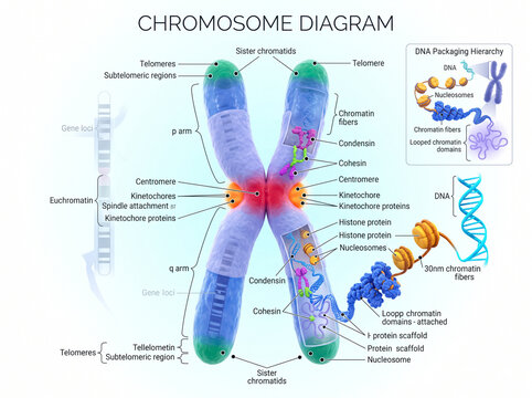 Detailed chromosome diagram displaying biological structure including centromeres and chromatids with complex molecular DNA packaging hierarchy for scientific medical education purposes