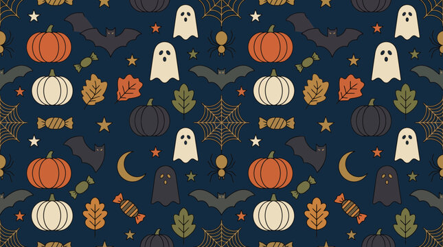 Seamless Halloween Vector Pattern with Pumpkins Ghosts and Bats