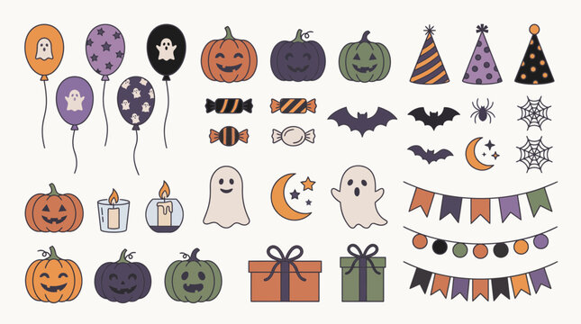 Halloween Party Vector Icon Set with Pumpkins Ghosts and Decorations