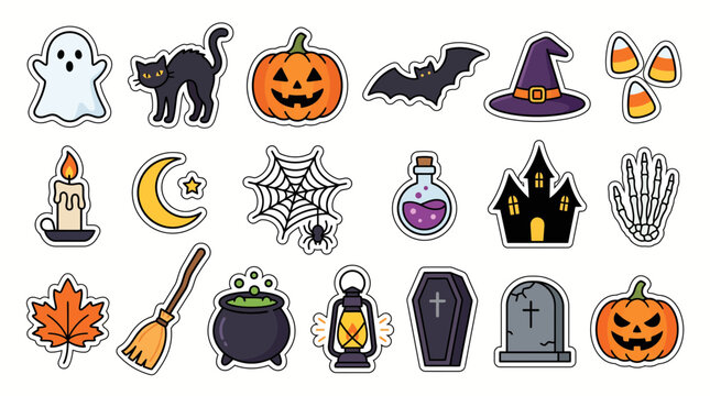 Halloween Sticker Set with Spooky Flat Vector Icons