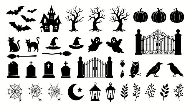Spooky Halloween Silhouette Collection with Haunted House and Bats
