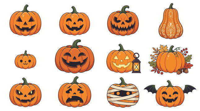 Halloween pumpkin vector set with spooky and cute Jack-o-lantern faces