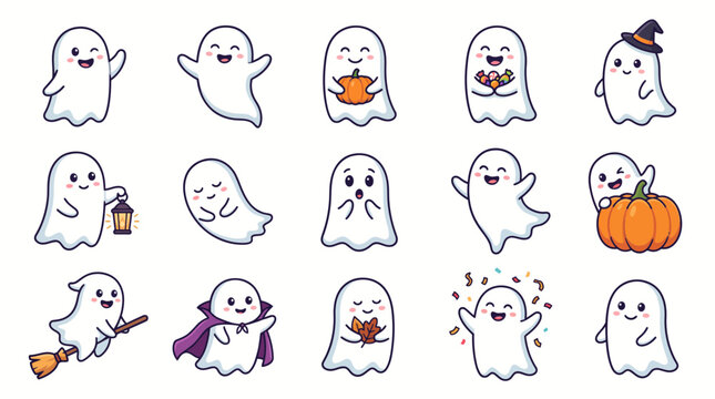 Cute Cartoon Ghost Character Set for Halloween Vector