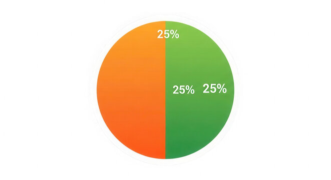 Orange and green pie chart graphic showing fifty percent split isolated on transparent background