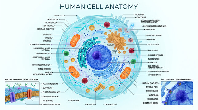 Detailed human cell anatomy diagram showing various organelles like nucleus mitochondria and golgi apparatus in a clear educational scientific illustration