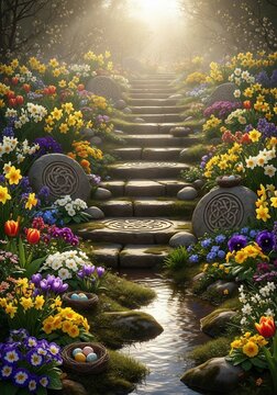 Sunlit path, a floral ascent.