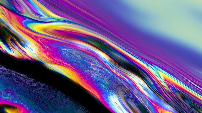 Vibrant fluid swirls of rainbow hues flow across a glossy surface creating an abstract modern visual effect