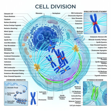 Detailed scientific diagram showcasing the complex process of eukaryotic cell division with labeled organelles and microscopic mitotic spindle fiber mechanics