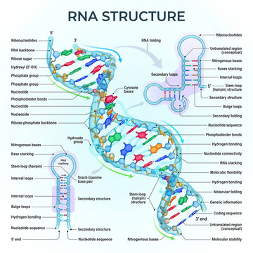 Detailed scientific illustration showing molecular rna structure with labeled components including phosphate groups ribose sugars and nitrogenous base pairing sequences