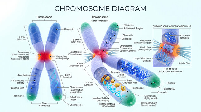 Detailed scientific infographic showing the complex structure of a chromosome including labeled parts like centromeres telomeres and chromatin fiber strands