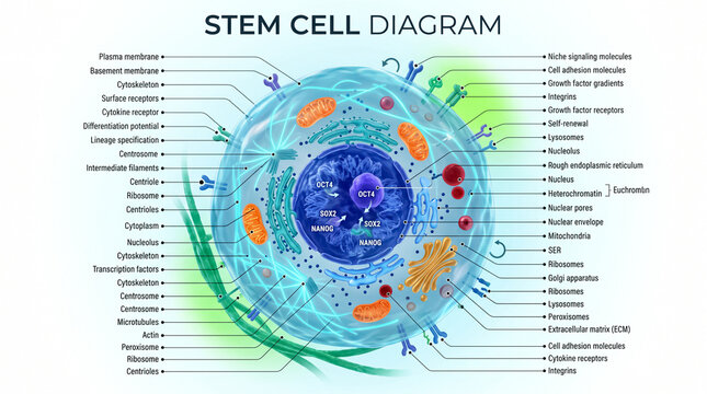 Detailed stem cell anatomy diagram showing cellular organelles and transcription factors with labels for scientific education and advanced medical research purposes
