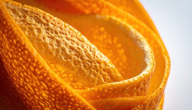 Close-up Macro Texture of a Bright Orange Citrus Peel Spiral.
