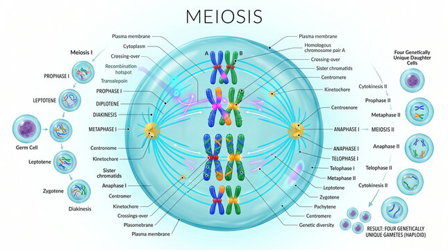 Meiosis biological process diagram illustrating chromosome separation and genetic diversity within a eukaryotic cell for advanced molecular science educational purposes