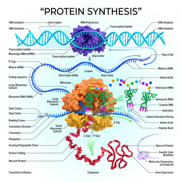 Scientific infographic demonstrating biological protein synthesis showing dna transcription into messenger rna and translation into polypeptide chains using colorful ribosomes