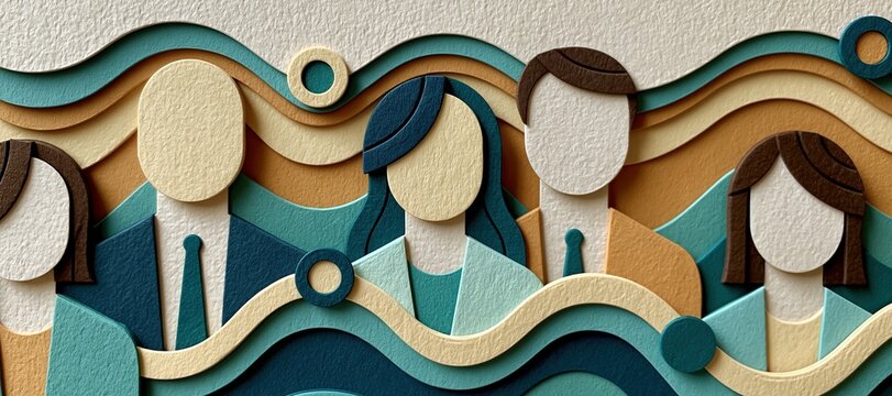 Faceless employees connected in layered paper cut workforce analysis design