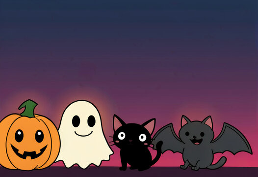 Cute flat vector Halloween set with friendly pumpkins, ghosts, cats and bats on night sky