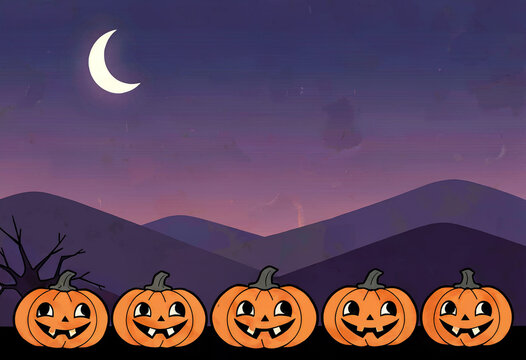 Cute flat vector Halloween set with friendly pumpkins, ghosts, cats and bats on night sky