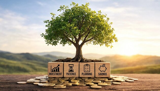Growing financial success represented by tree with investment patience planning savings concept on coins