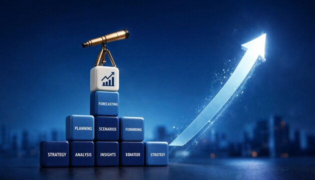 Business growth strategy visualization with forecasting analytics and upward trend arrow over city skyline