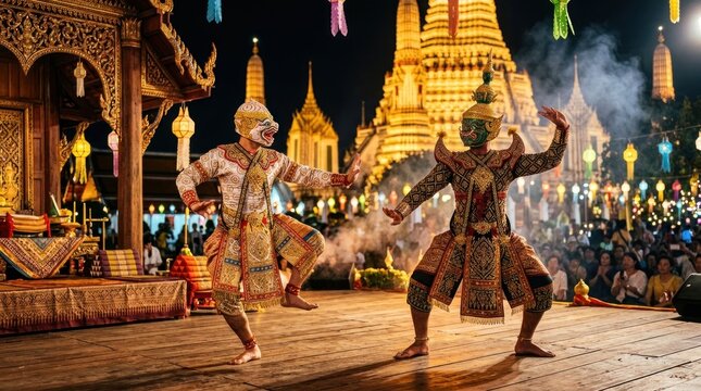 Traditional Thai Dancers Perform Ramakien Epic at Night Festival.
