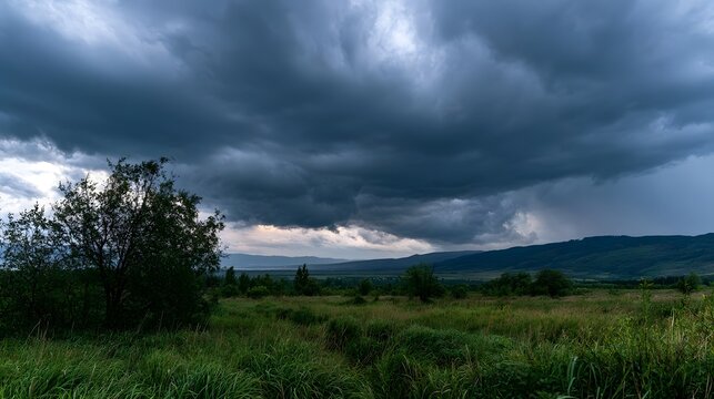 Dense storm clouds loom over a lush green field with scattered trees and distant rolling hills under dramatic atmospheric lighting