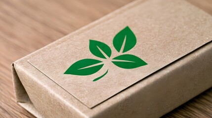 Obraz premium A brown paper package with a green leaf logo on top resting on a wooden surface showing eco friendly design