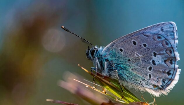 Close-up of a delicate blue butterfly resting on a blade of grass.