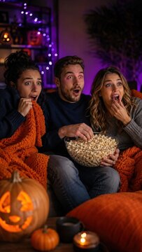 Three Friends Watching a Scary Movie with Popcorn