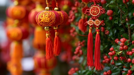 Fototapeta premium Traditional Chinese New Year deco ns featuring red lanterns and tassels hanging beside a berry laden bush