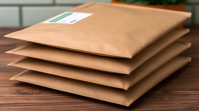 Stack of brown paper mailer envelopes on wooden surface with shipping label on top package