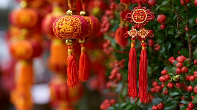 Traditional Chinese New Year deco ns featuring red lanterns and tassels hanging beside a berry laden bush